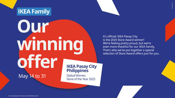 Bold text on a vibrant blue background with red and yellow accents announces IKEA Pasay City as the 2025 Store of the Year. Dates: May 14-31. IKEA logo displayed.