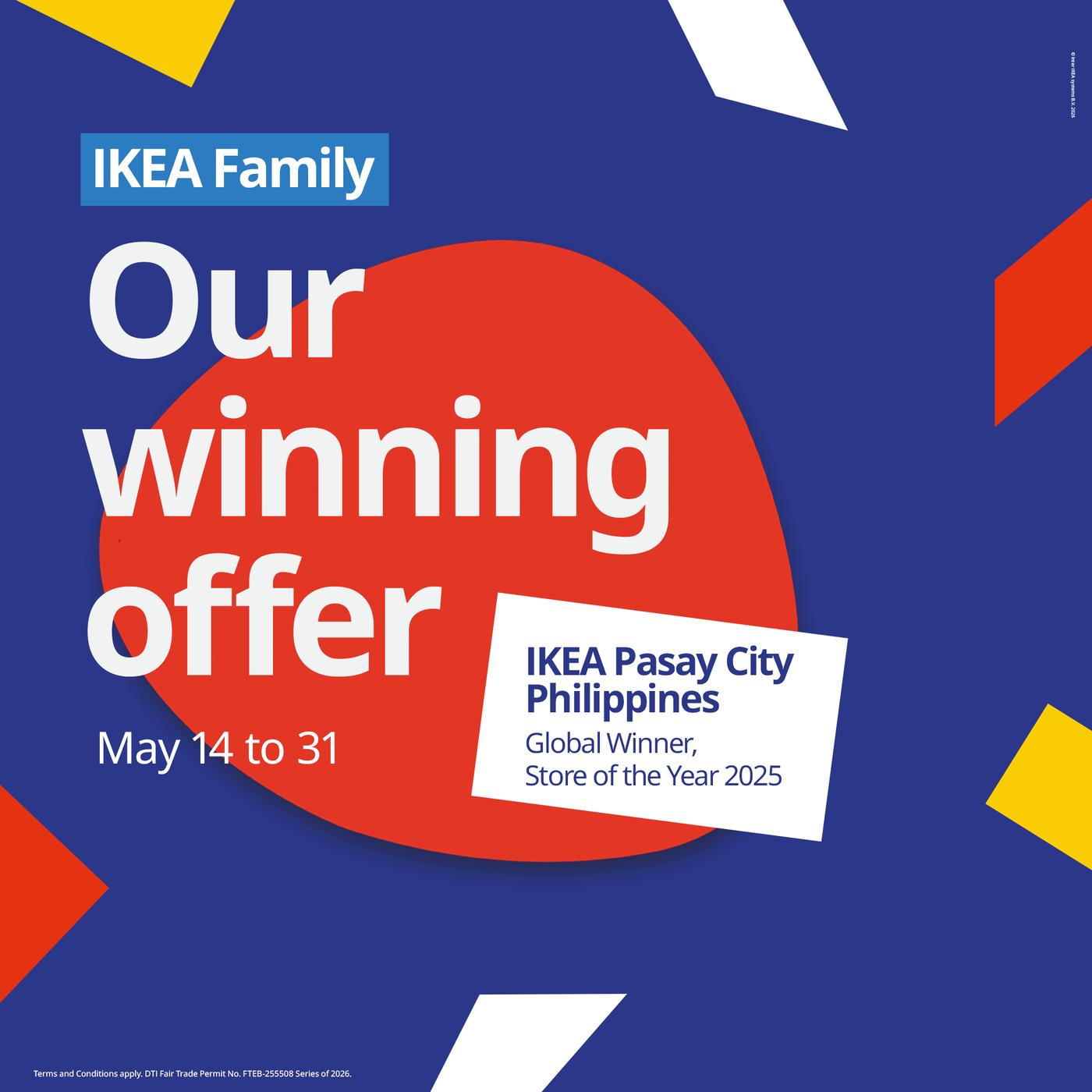 Bold text on a vibrant blue background with red and yellow accents announces IKEA Pasay City as the 2025 Store of the Year. Dates: May 14-31. IKEA logo displayed.