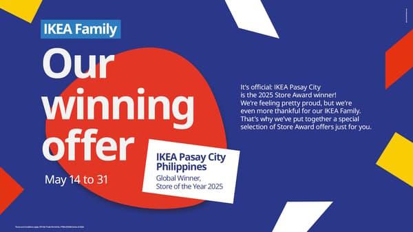 Bold text on a vibrant blue background with red and yellow accents announces IKEA Pasay City as the 2025 Store of the Year. Dates: May 14-31. IKEA logo displayed.
