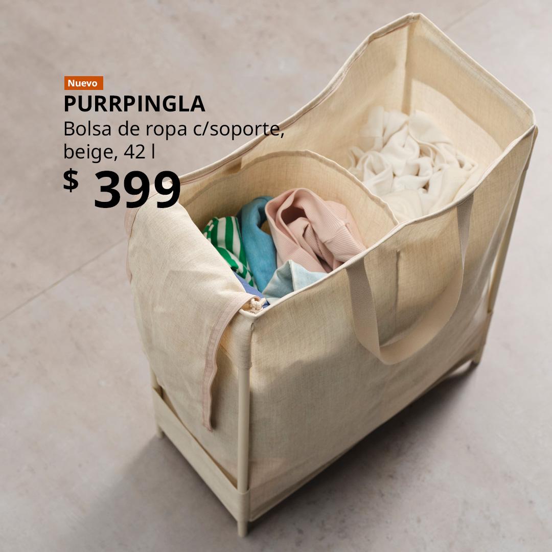 Bolsa para lavandería PURRPINGLA en color beige con soporte.