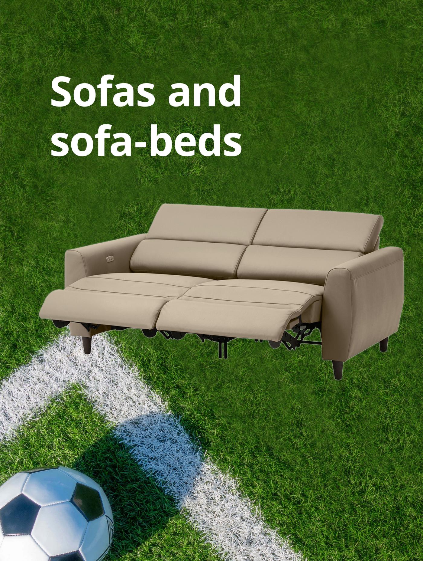Bomstad beige RULLERUM recliner sofa on a football pitch background. White text reads: Sofas and sofa-beds
