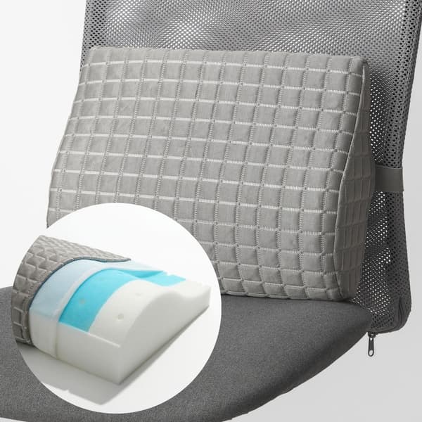BORTBERG Lumbar cushion in grey with cooling gel layer on top of office chair FLINTAN. An image in a circle frame on the left shows the cooling layer of the cushion.