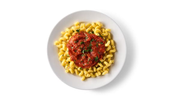 Bowl of elbow noodles and marinara on top