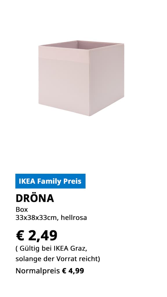 Box DRÖNA, 33x38x33cm, hellrosa, statt € 4,99 zum IKEA Family Preis von € 2,49.