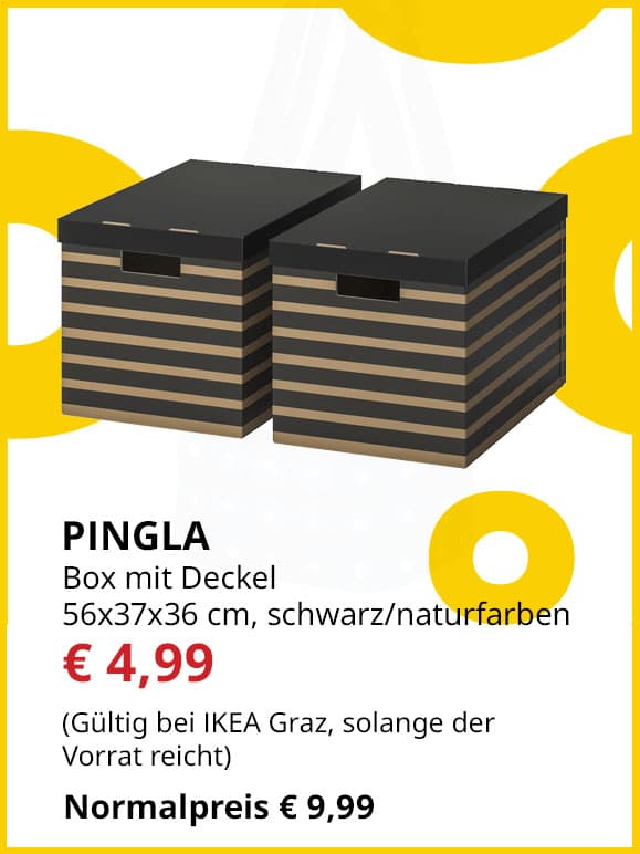 Box mit Deckel Pingla, 2 Stück, 56x37x36cm, schwarz/natur, statt € 9,99 um € 4,99.