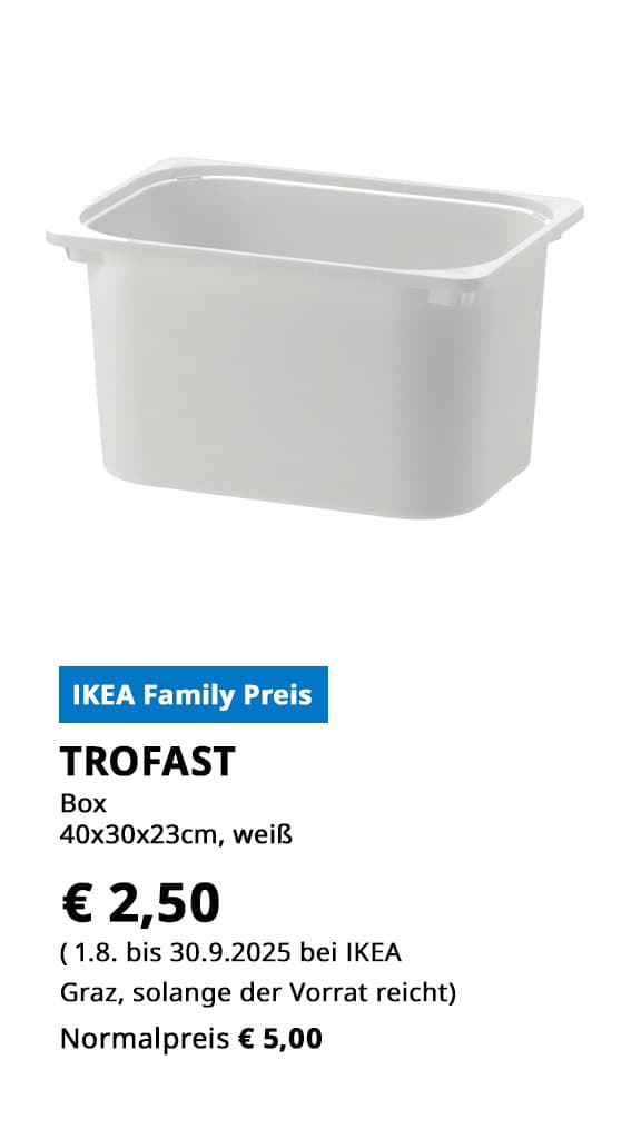 Box Trofast, 42x30x23cm, weiß, statt € 5 zum IKEA Family Preis von € 2,50.