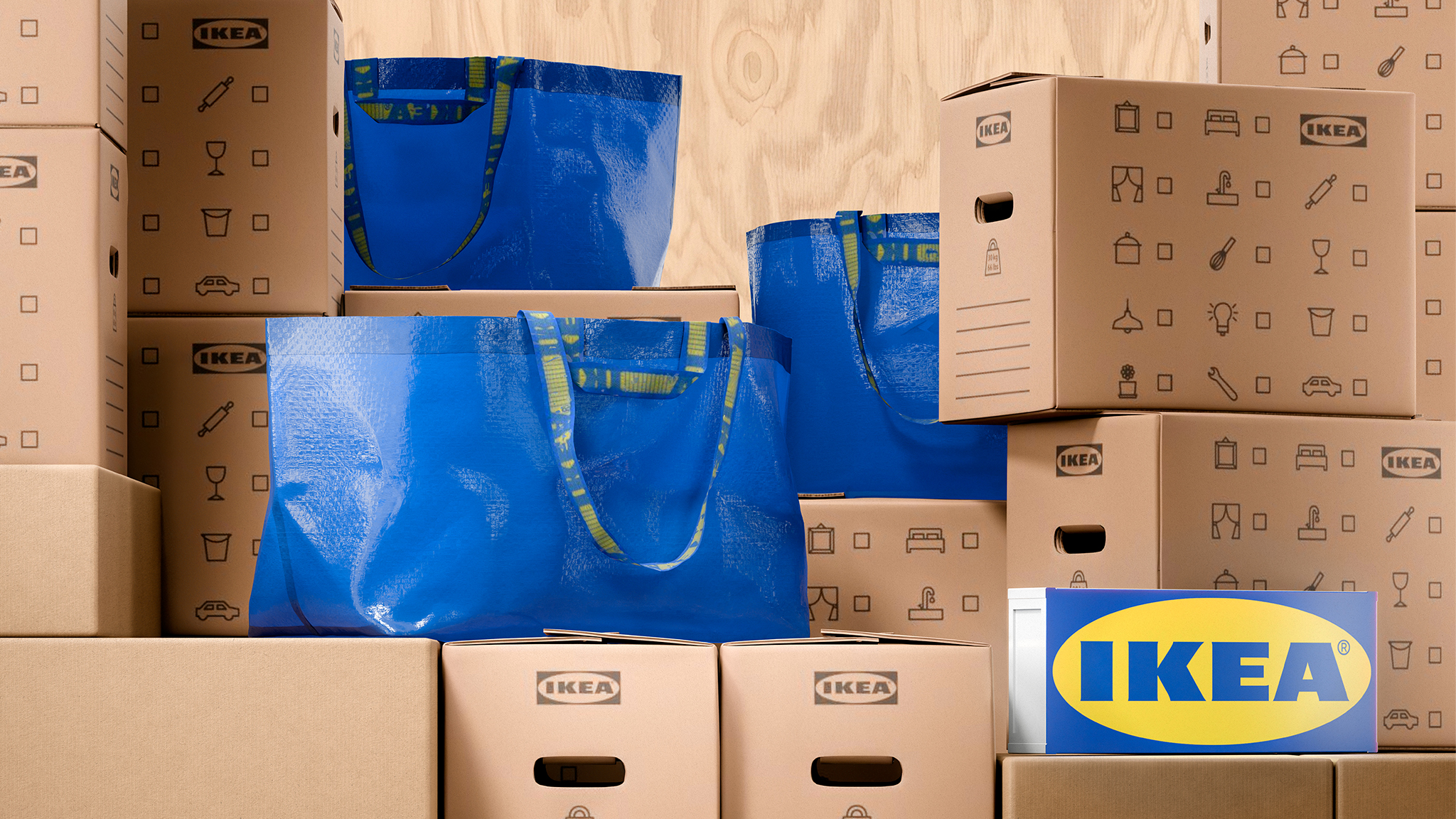 Boxes and blue bags.