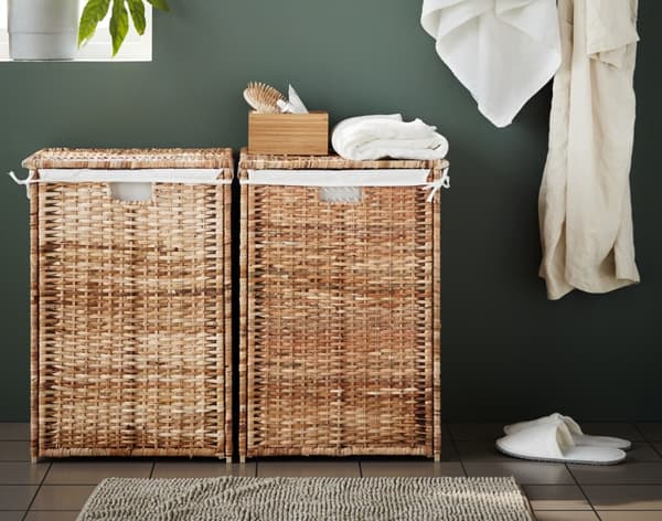 BRANÄS Lined laundry basket, rattan, 80 l