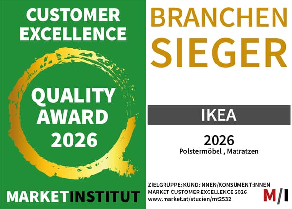 Branchensieger 2026 Qualitätssiegel des Market Instituts für IKEA in den Kategorien Polstermöbel und Matratzen.