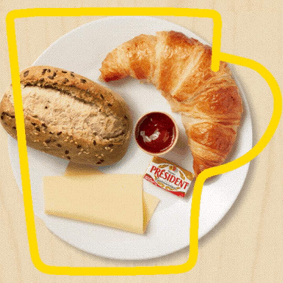 Breakfast with an iconic yellow bag hanging above it.