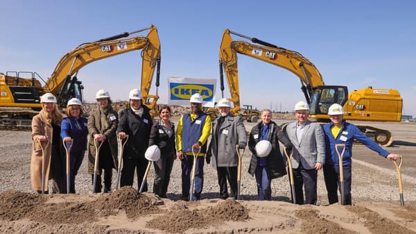 Breaking ground at the site of the future IKEA Hamilton CDC and Collection point. From left to right: Lisa Quondamatteo, Swedish Canadian Chamber of Commerce; Liz Wilson, Head of Customer Fulfilment, IKEA Canada; Drina Omazic, Hamilton Chamber of Commerce; Tammy Hwang, Hamilton City Councillor (Ward 4); Esther Pauls, Hamilton City Councillor (Ward 7); Selwyn Crittendon, CEO and Chief Sustainability Officer, IKEA Canada; Mark Tadeson, Hamilton City Councillor (Ward 11); Beth Izatt, Fulfilment Development & MCN Manager, IKEA Canada; Terry Cado, Burlington Chamber of Commerce; and Geoff Macdonald, Chief Financial Officer, IKEA Canada