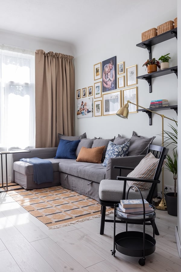Bright living room corner with armchair, shelves, indoor plants, and decorative lighting