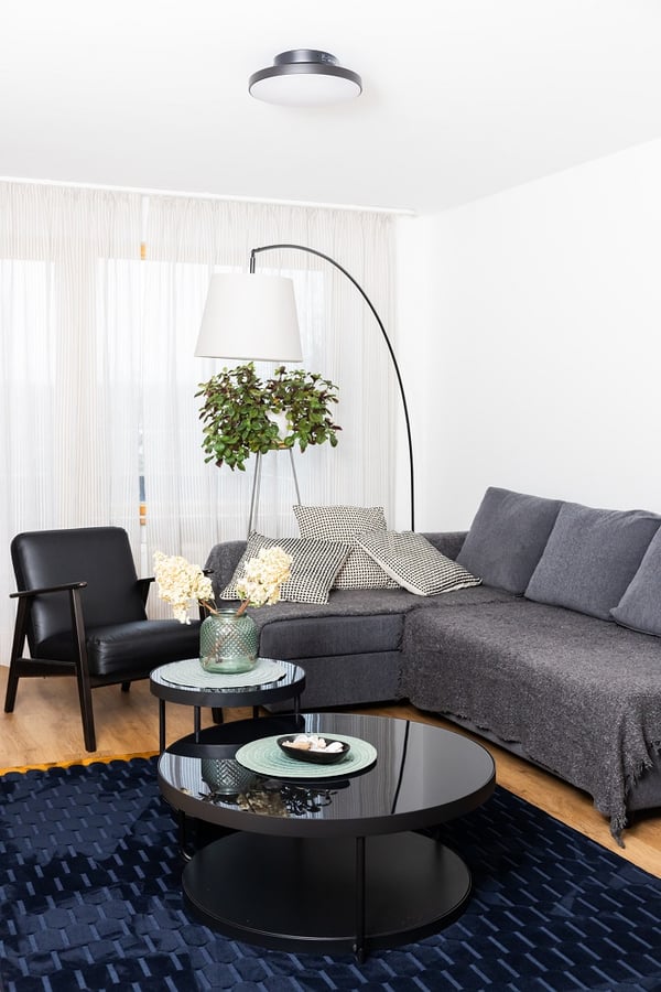 Bright living room with gray sofa, black chair, and round black coffee tables on blue rug.