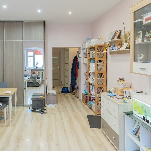 Bright living room with wardrobe, shelves and open space layout