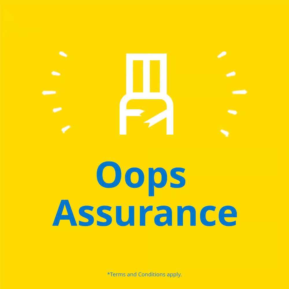 Bright yellow “New” promotional graphic featuring a broken white chair, radiating lines, and bold blue text reading “Oops Assurance”; terms apply.