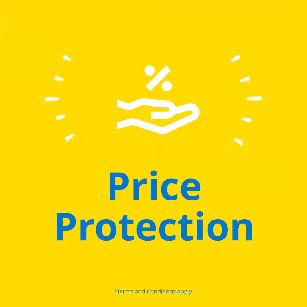 Bright yellow promotional graphic with a “New” label, white hand-and-coin savings icon, and blue “Price Protection” text; terms apply.