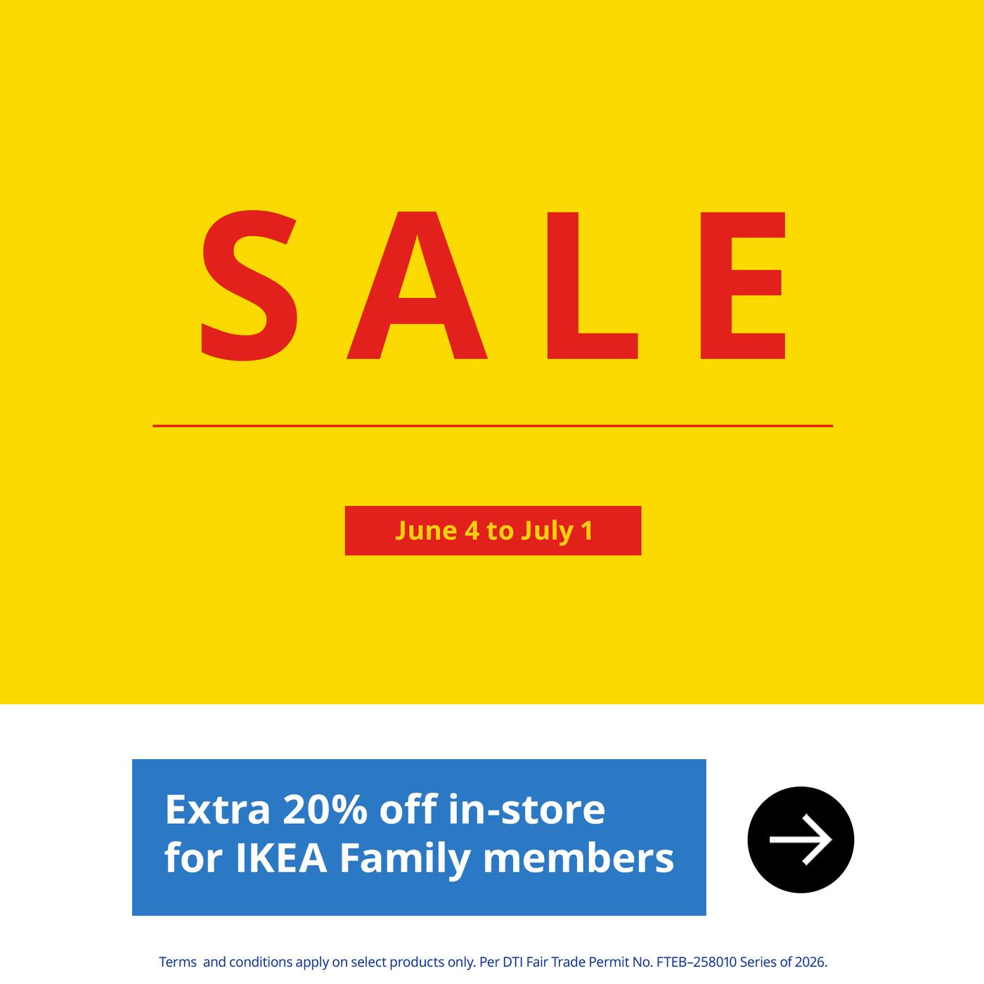 Bright yellow sale sign with bold red text, "SALE." Dates June 4 to July 1. Blue banner below offers 20% off for IKEA Family members.