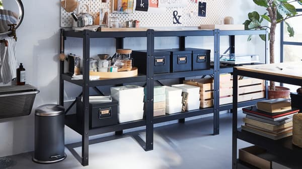 BROR 3 sections/shelves, black, wood, 194x40x110 cm