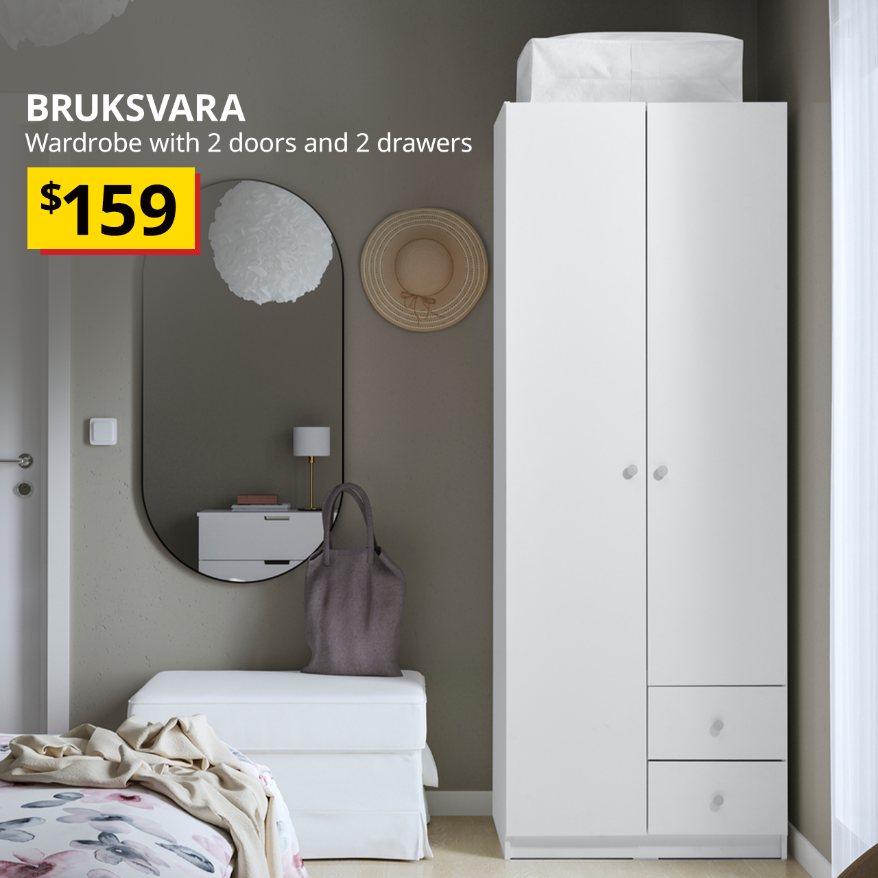BRUKSVARA wardrobe in white at the corner of a bedroom next to a wall mirror and boxes on the floor. The text on the top left of the image with black text that reads: BRUKSVARA, Wardrobe with 2 doors and 2 drawers. Price at $159.