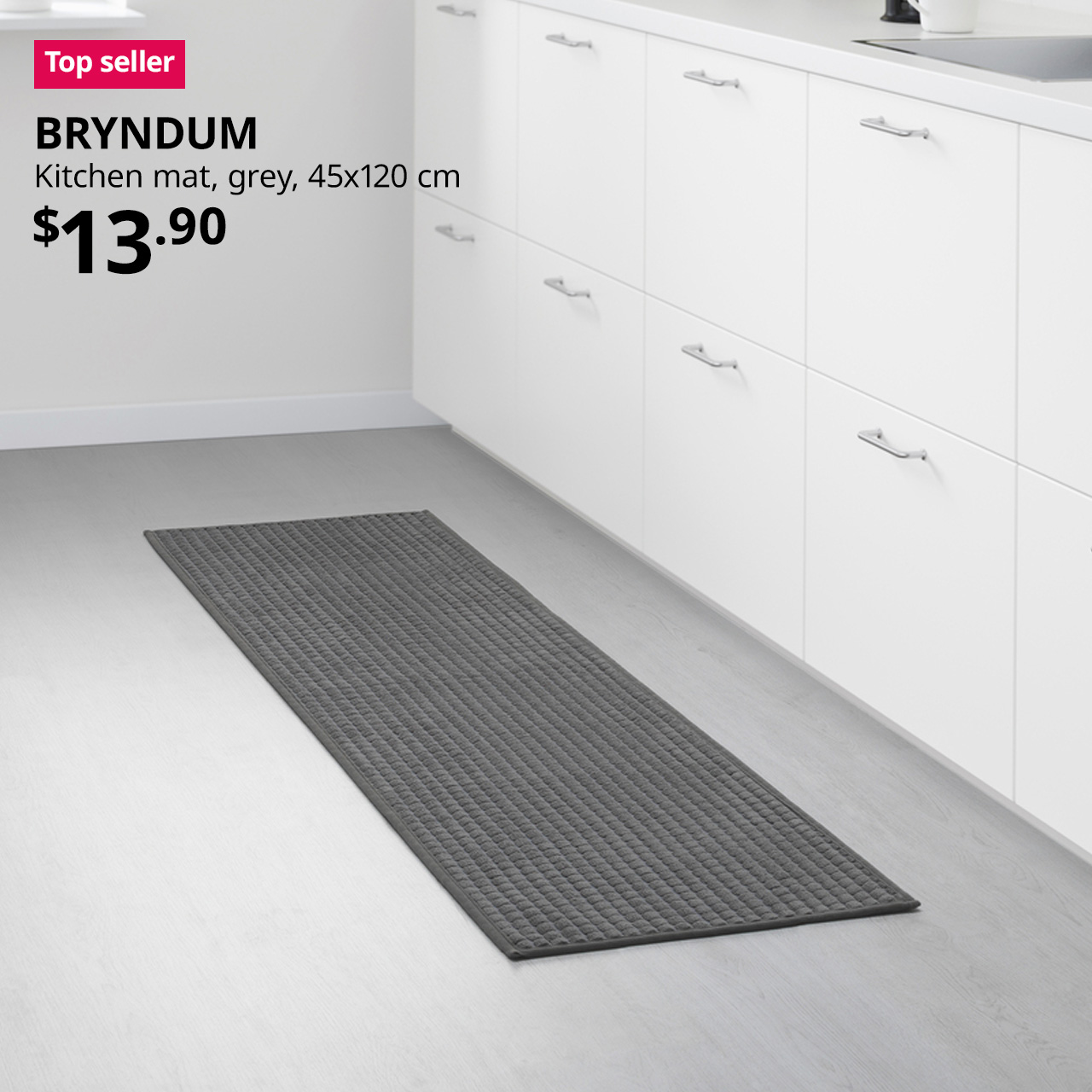 BRYNDUM Kitchen mat, grey, 45x120 cm. $13.90