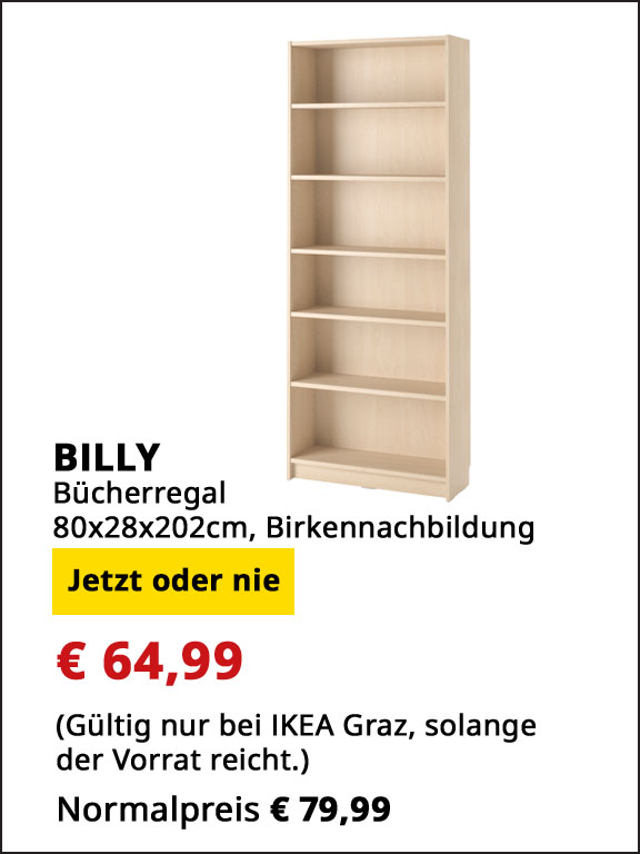 Bücherregal Billy, 80x28x202cm, Birkennachbildung, statt € 79,99 um € 64,99.