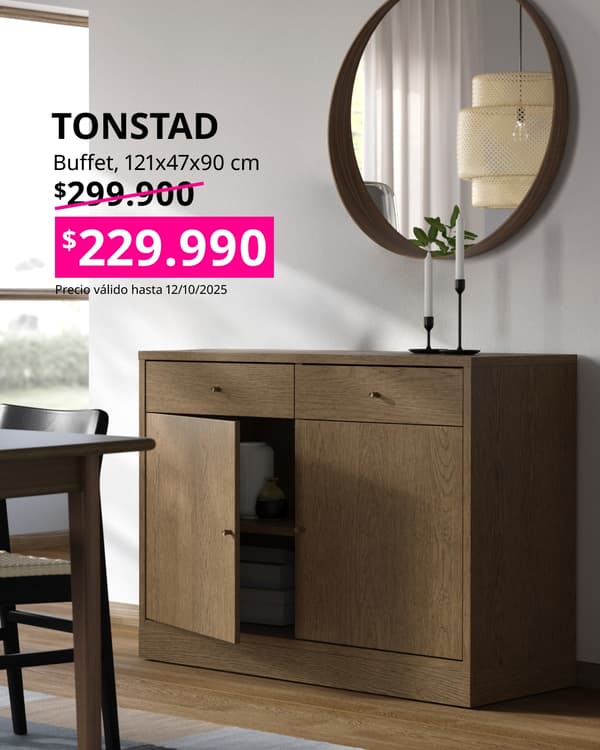 Buffet de madera TONSTAD con precio en cuadrado fucsia