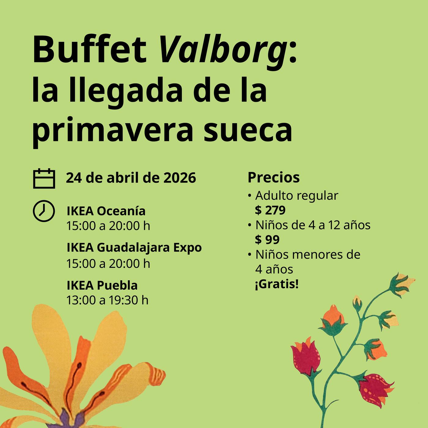Buffet Valborg, fondo verde, flores de colores amarillos, naranjas y rojas.