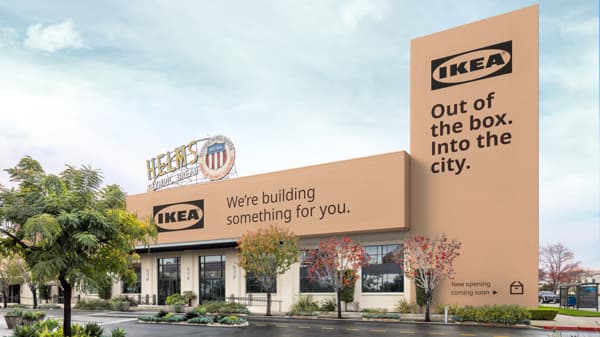 Building partially covered with IKEA boxes