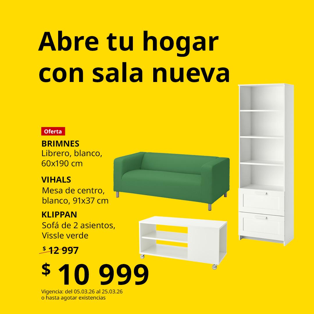 Bundle con un librero BRIMNES, una mesa de centro VIHALS y un sofá Y téxtil ver KLIPPAN