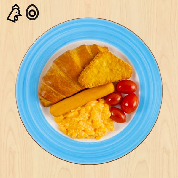 Butter croissant, cheese sausage, hash brown and scambled egg