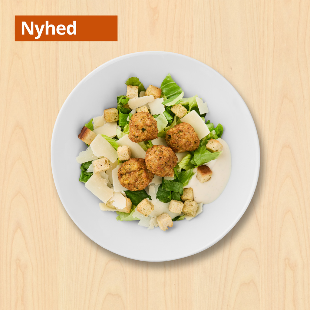 Cæsarsalat med falafel
Romainesalat, falafel, grana padano, croutoner og cæsardressing

49.-