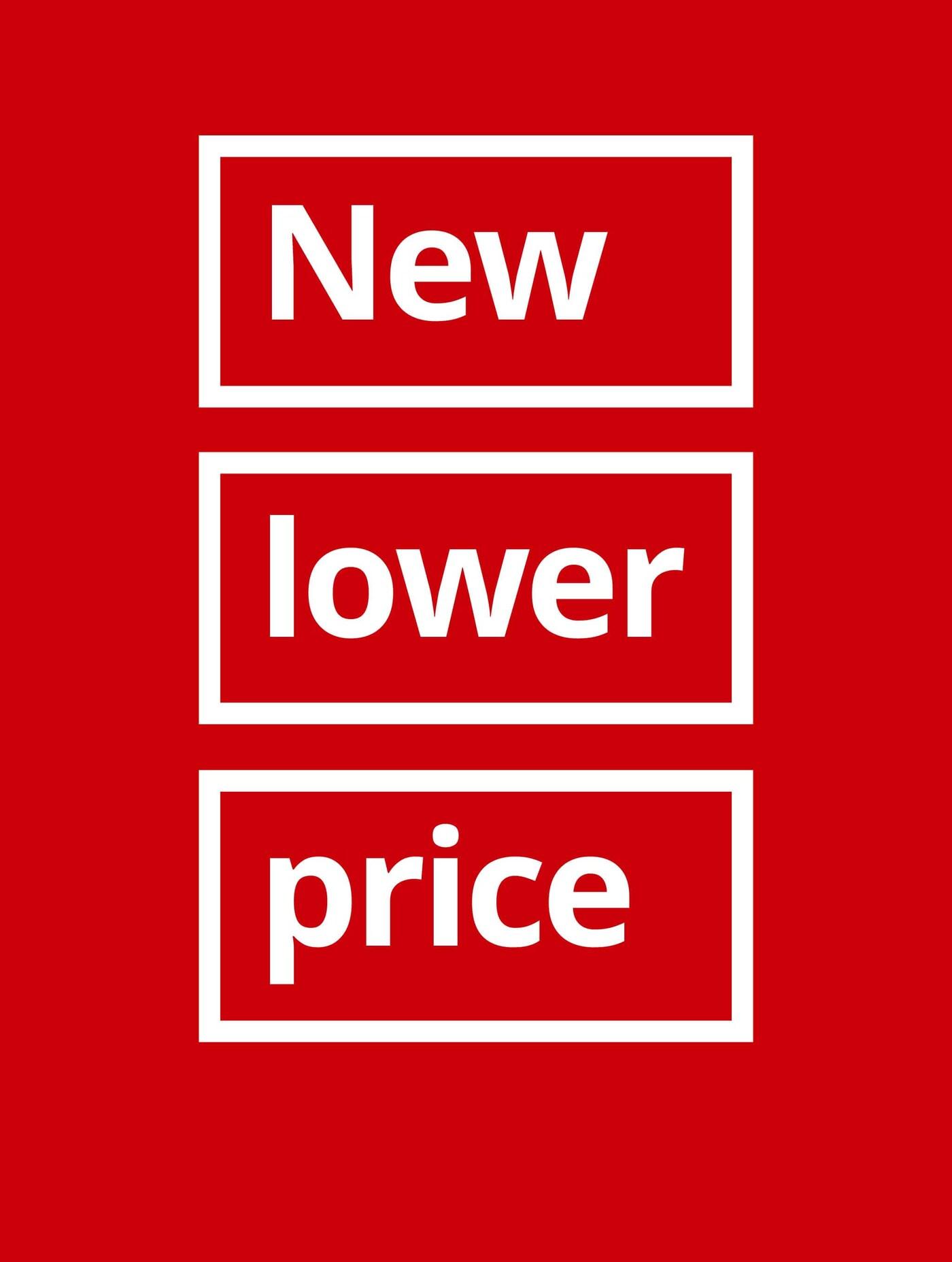 Caja roja con el texto "Hemos bajado los precios: ¡la cocina de tus sueños ahora es aún más económica!"