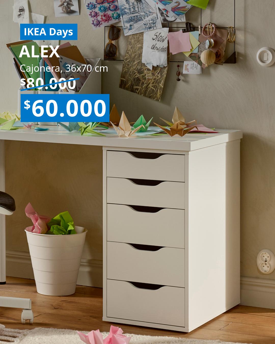 Cajonera ALEX blanca de 36x70 cm con varios cajones para organizar documentos, accesorios y artículos de oficina.