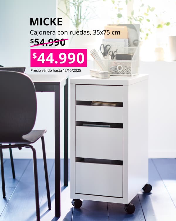 Cajonera blanca con precio en cuadrado fucsia