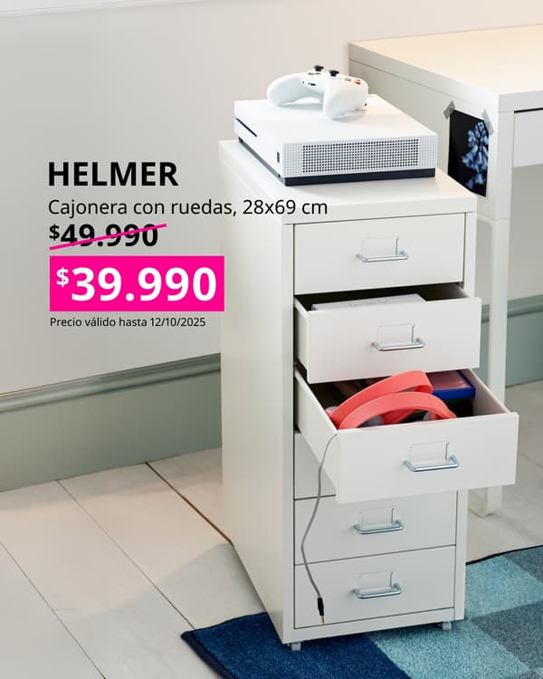 Cajonera blanca HELMER con precio en cuadrado fucsia