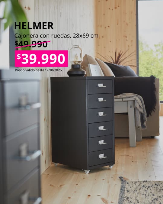Cajonera negra HELMER  con precio en cuadrado fucsia