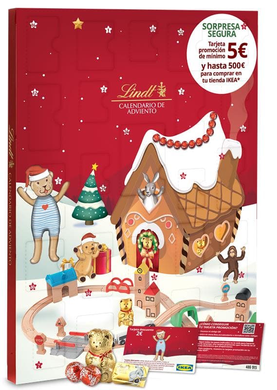 Calendari d’Advent de Lindt amb disseny nadalenc d’una casa de galeta i personatges d’ossets i animals. Inclou bombons de xocolata i targetes promocionals d’IKEA amb premis d’entre 5 € i 500 €.