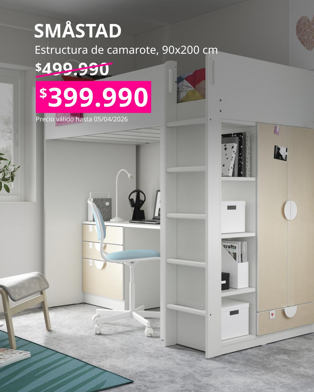 Cama alta SMÅSTAD blanca de 90×200 cm con escritorio integrado y muebles de almacenaje, ideal para optimizar espacios pequeños.