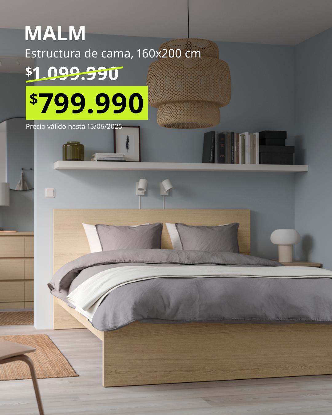 Cama MALM 160x200 cm efecto chapa roble blanco con cabecera alta, estilo moderno oferta Black Friday