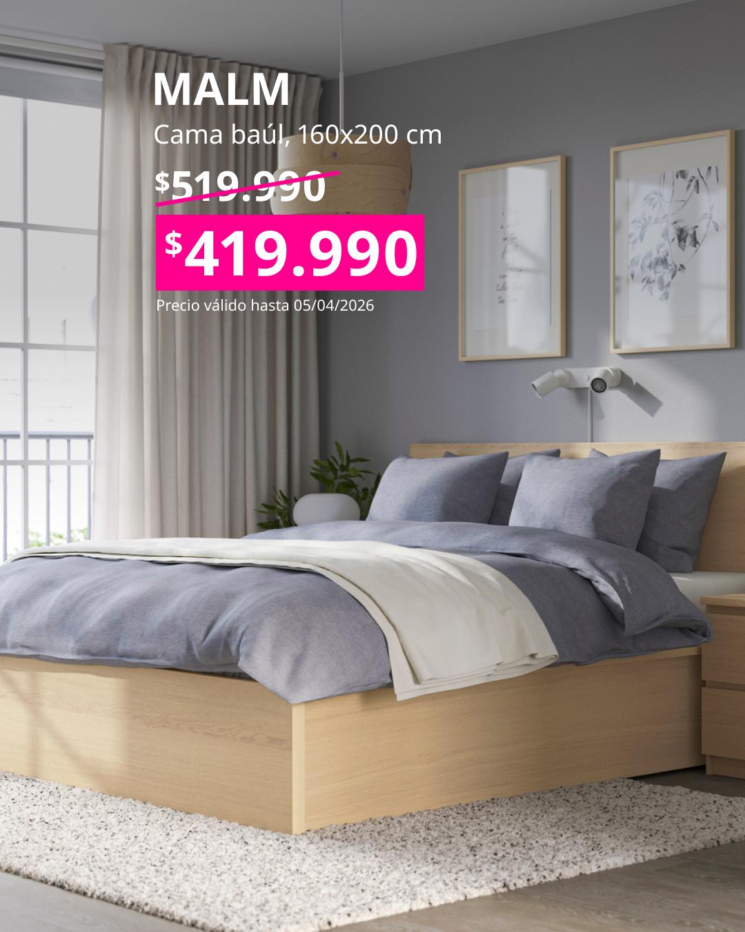 Cama MALM de 160×200 cm con canapé abatible y almacenaje oculto, en acabado blanco tinte de líneas minimalistas.