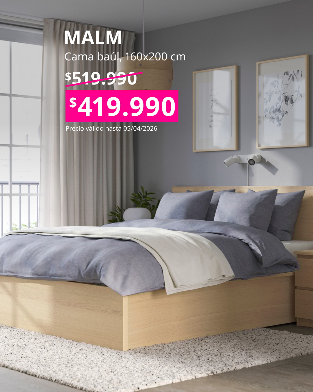 Cama MALM de 160×200 cm con canapé abatible y almacenaje oculto, en acabado blanco tinte de líneas minimalistas.