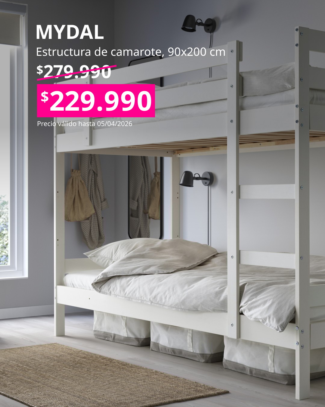 Cama nido MYDAL blanca de 90×200 cm en madera, con diseño simple y estructura resistente para dormitorio infantil o juvenil.