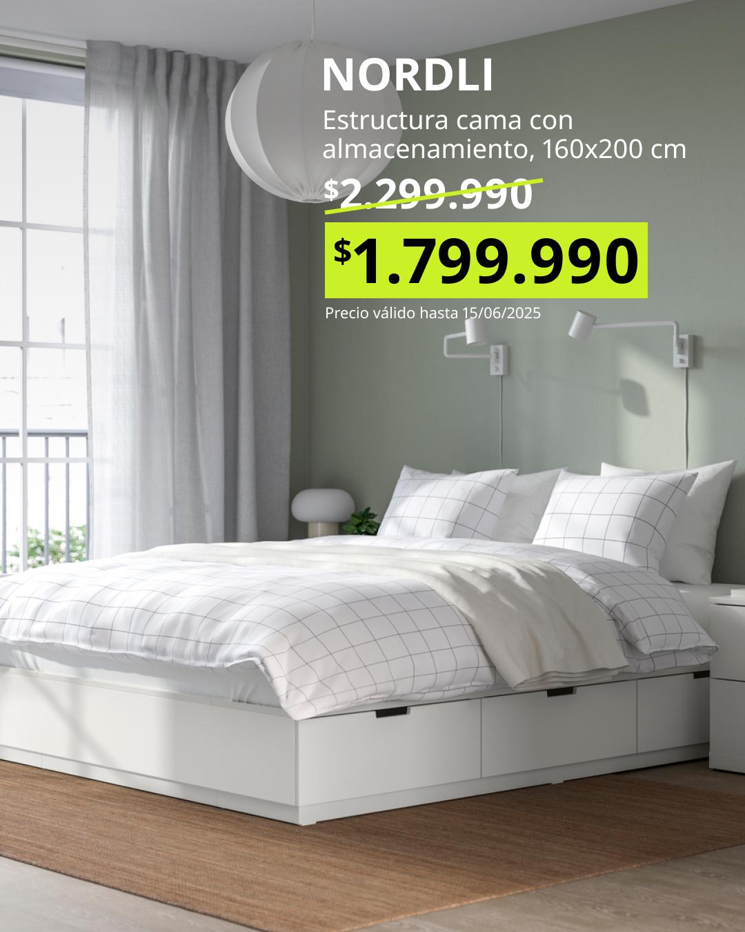 Cama NORDLI blanca 160x200 cm con almacenamiento integrado, diseño funcional dormitorio oferta Black Friday