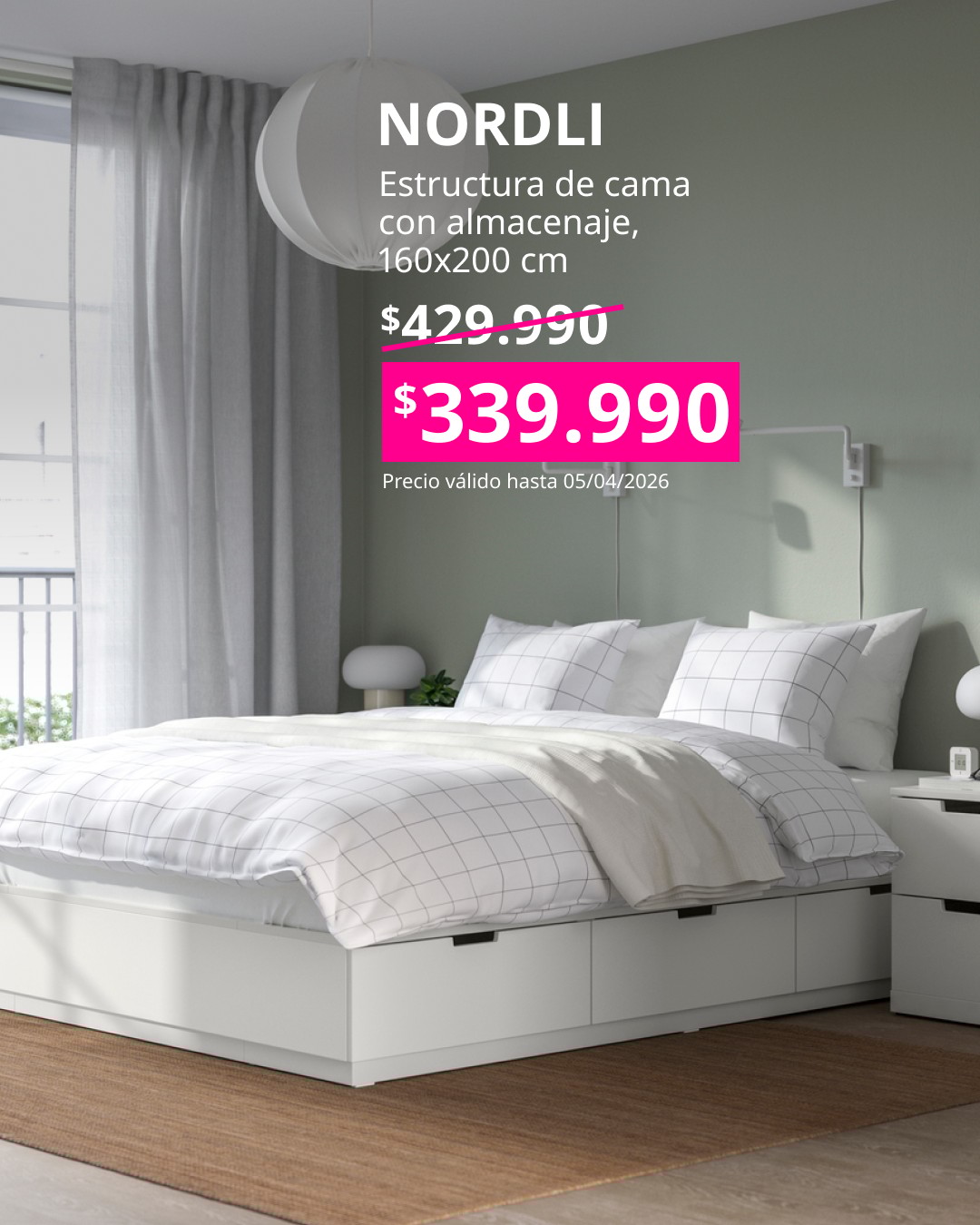 Cama NORDLI blanca de 160×200 cm con cajones integrados, ideal para maximizar el almacenamiento en el dormitorio.