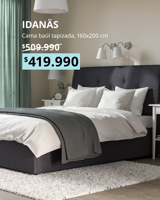 Cama otoman tapizada IDANÄS de 160x200 cm en tejido Gunnared gris oscuro, con cabecera acolchada y almacenamiento bajo el colchón.