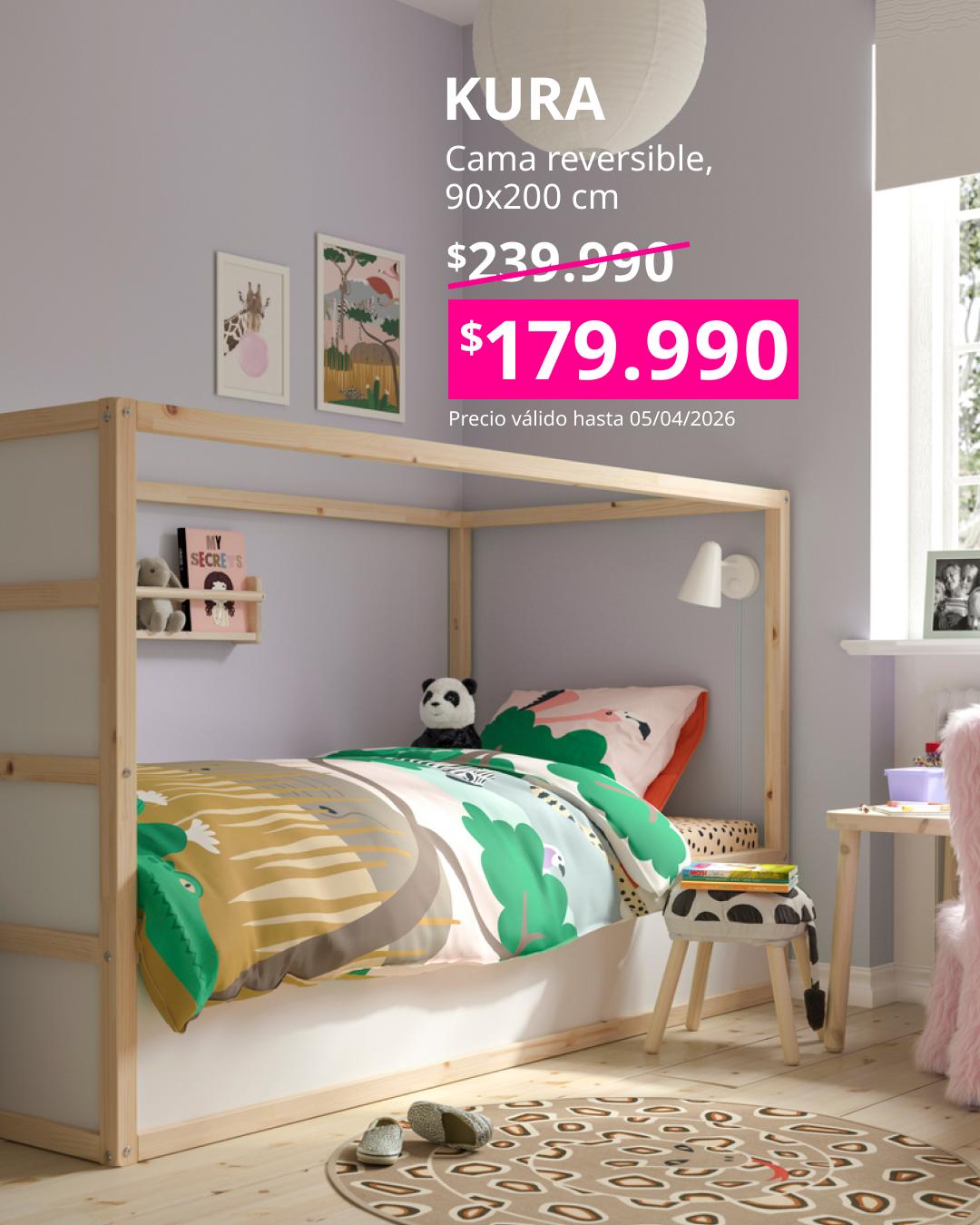 Cama reversible KURA de 90×200 cm en blanco y pino, que puede usarse como cama baja o alta para adaptarse al crecimiento.