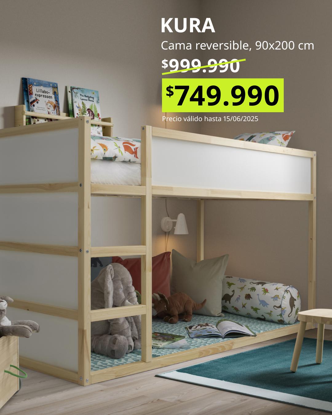 Cama reversible KURA en blanco y pino, 90x200 cm, diseño versátil para niños