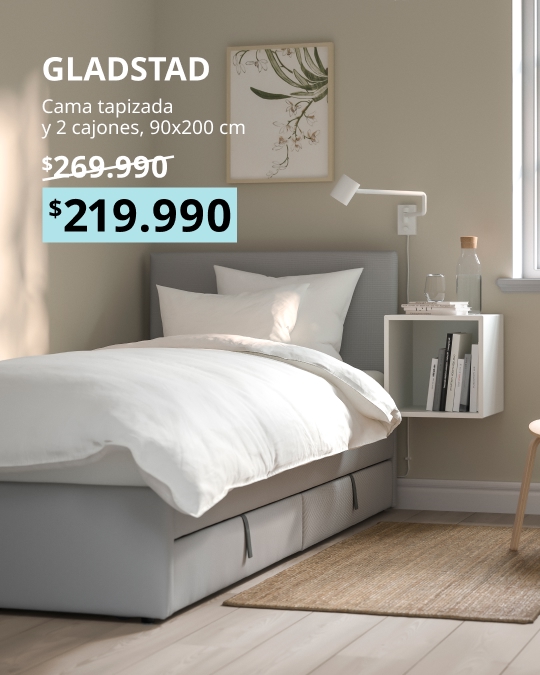 Cama tapizada GLADSTAD de 90x200 cm en color gris claro Kabusa, con dos cajas amplias de almacenamiento inferior.