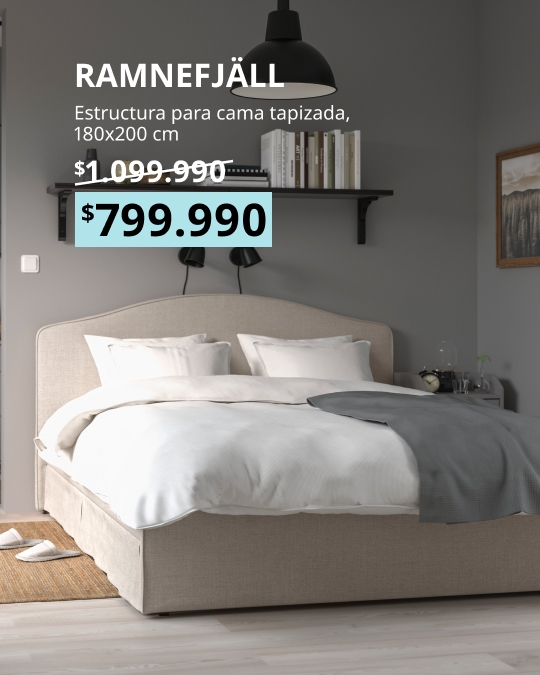 Cama tapizada RAMNEFJÄLL de 180x200 cm en tela Kil beige claro, con somier de láminas LURÖY.