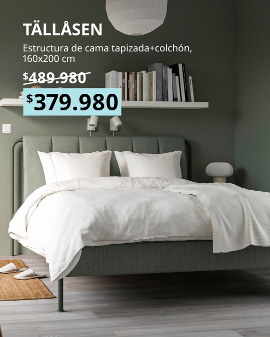 Cama tapizada TÄLLÅSEN con colchón incluido de 160x200 cm, en color gris verdoso, con colchón VALEVÅG extra firme.